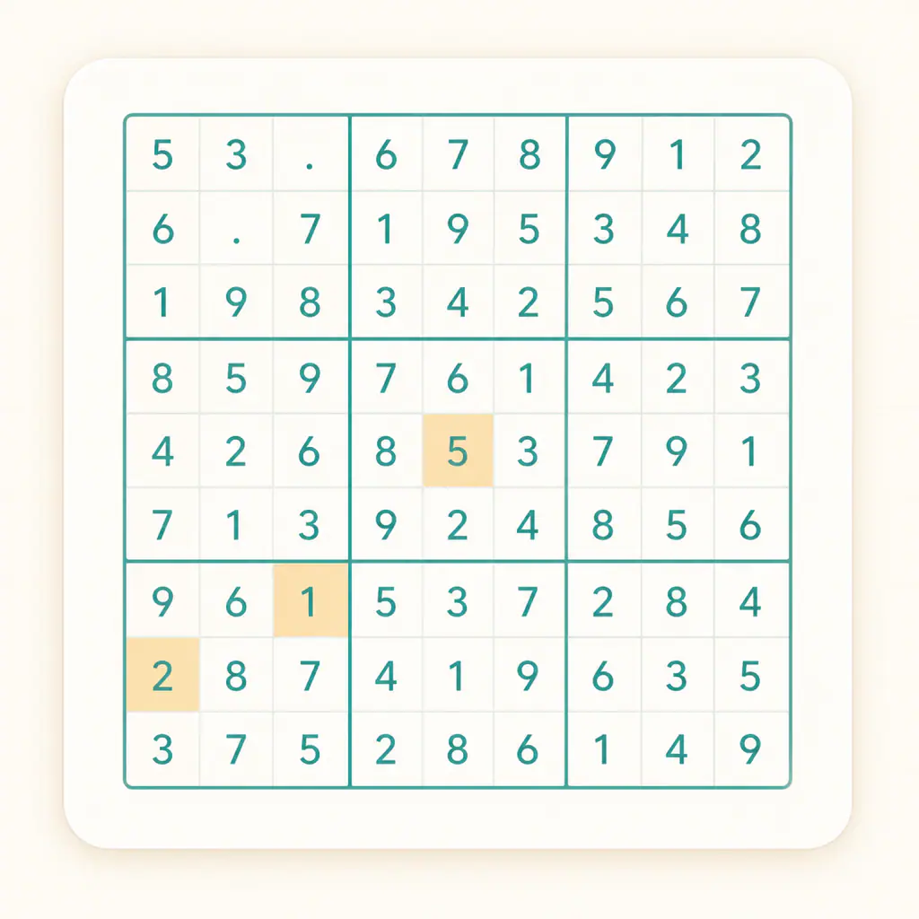 Portada de Sudoku con una cuadrícula de 9×9, cifras turquesas y casillas resaltadas